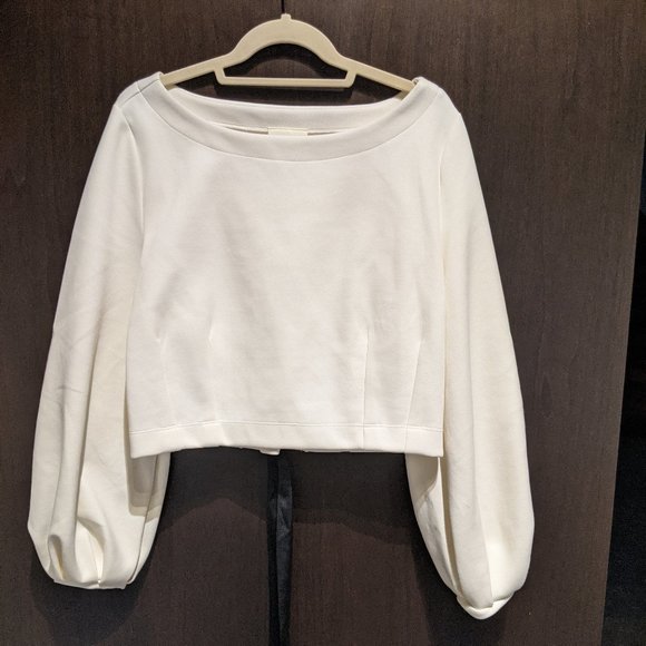 Anthropologie Ivory Party Blouse with Black Tie-Back Ribbon and Puff Sleeves - Picture 2 of 6